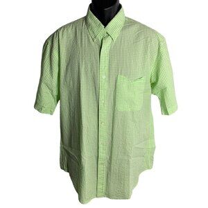 Grant Thomas Seersucker Button Down Shirt L Green Gingham Short Sleeve Pocket